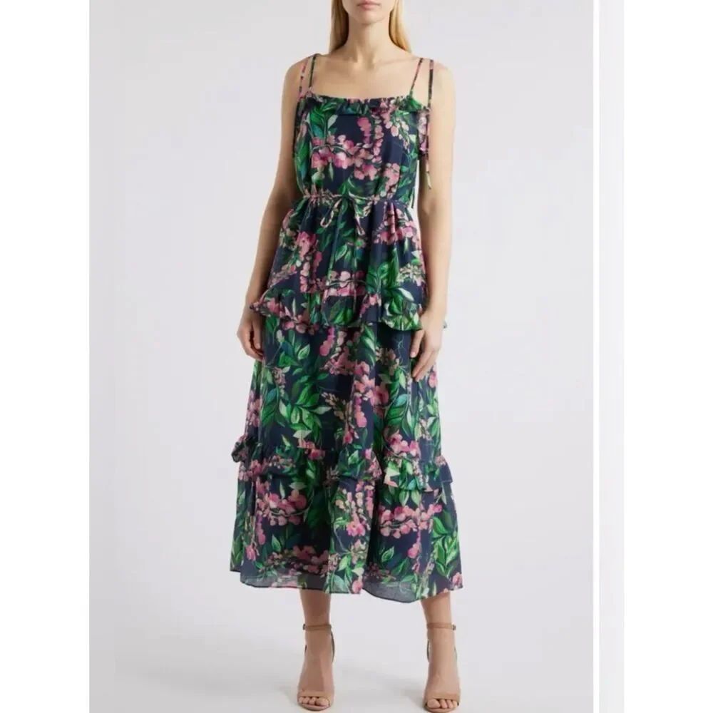 Julia Jordan Navy Blue Pink Floral Tie Shoulder Tiered Ruffle Maxi Sundress NEW